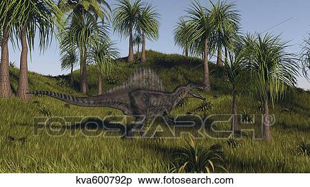 Stock Illustration - Spinosaurus hunting in an open field.. Fotosearch