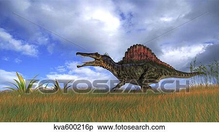 Spinosaurus hunting in prehistoric grasslands. View Large Illustration Stock Illustration - Spinosaurus hunting in prehistoric grasslands.. Fotosearch