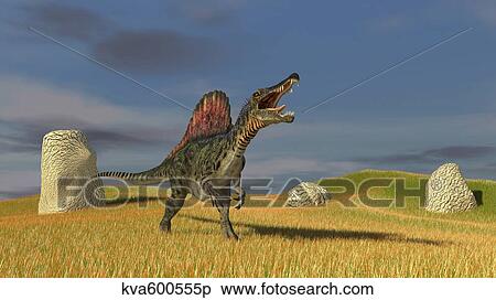 Spinosaurus hunting in prehistoric grasslands. View Large Illustration Stock Illustration - Spinosaurus hunting in prehistoric grasslands.. Fotosearch