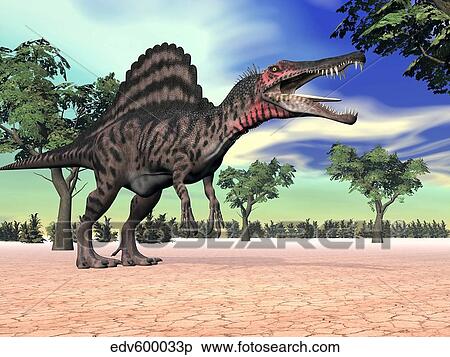 Spinosaurus standing in the desert with trees. View Large Illustration Stock Illustration - Spinosaurus standing in the desert with trees.. Fotosearch