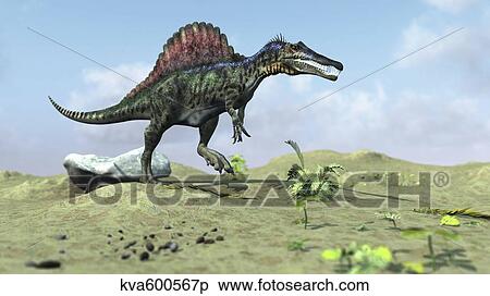 Stock Illustration - Spinosaurus walking across a desert landscape.. Fotosearch