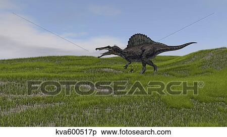 Stock Illustration - Spinosaurus walking across a grassy field.. Fotosearch