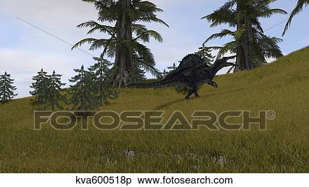 Spinosaurus walking across a grassy field. View Large Illustration Stock Illustration - Spinosaurus walking across a grassy field.. Fotosearch
