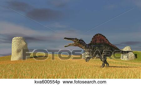 Stock Illustration - Spinosaurus walking across a grassy field.. Fotosearch