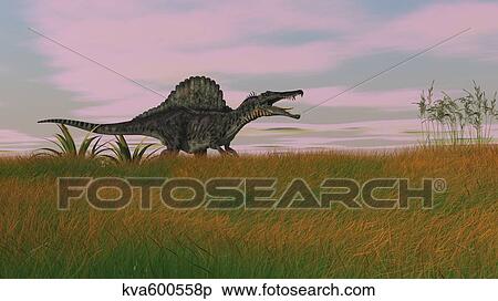 Stock Illustration - Spinosaurus walking across prehistoric grasslands.. Fotosearch