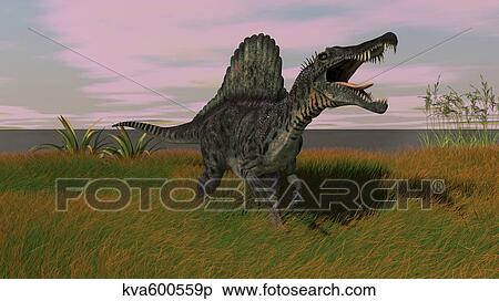 Stock Illustration - Spinosaurus walking across prehistoric grasslands.. Fotosearch