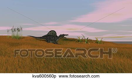 Spinosaurus walking across prehistoric grasslands. View Large Illustration Stock Illustration - Spinosaurus walking across prehistoric grasslands.. Fotosearch
