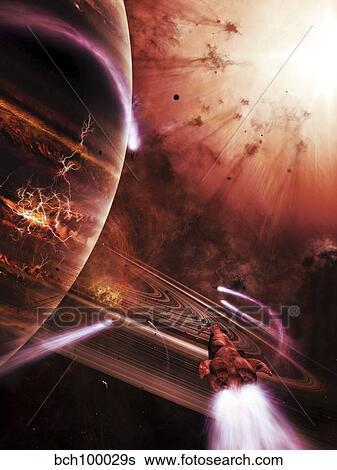 Starships hone their skills in a virtual battlefield. View Large Illustration Stock Illustration - Starships hone their skills in a virtual battlefield.. Fotosearch