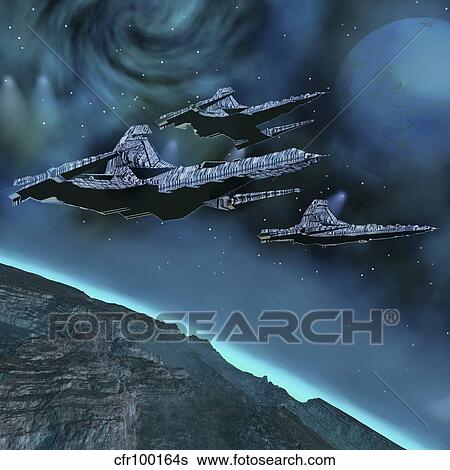 Starships near an alien planet. View Large Illustration Stock Illustration - Starships near an alien planet.. Fotosearch