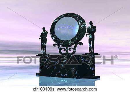 Statues stand near a dimensional portal to another universe. View Large Illustration Stock Illustration - Statues stand near a dimensional portal to another universe.. Fotosearch