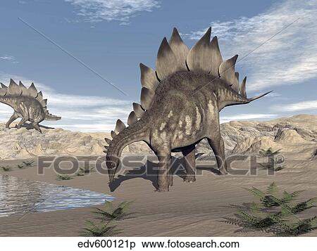 Stock Illustration - Stegosaurus dinosaur drinking water in the desert. . Fotosearch