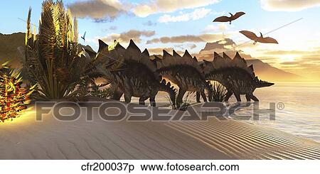 Stock Illustration - Stegosaurus dinosaurs graze among the vegetation by a lake in the Jurassic Period.. Fotosearch