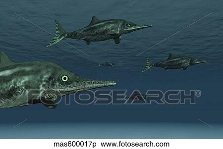 Stock Illustration - Stenopterygius ichthyosaurs swimming underwater.. Fotosearch
