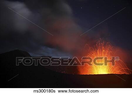 Stock Photograph - Strombolian eruption on starlit night, Yasur Volcano, Tanna Island, Vanuatu.. Fotosearch
