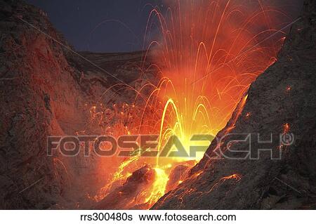 Stock Photograph - Strombolian type eruption of Batu Tara volcano, Indonesia.. Fotosearch