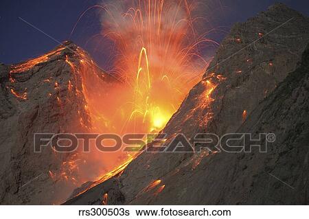 Stock Photograph - Strombolian type eruption of Batu Tara volcano, Indonesia.. Fotosearch