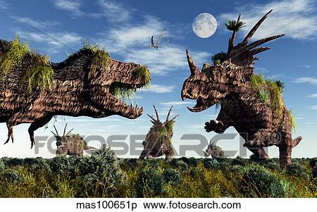 Styracosaurus and Tyrannosaurus Rex dinosaur sculptures. View Large Illustration Stock Illustration - Styracosaurus and Tyrannosaurus Rex dinosaur sculptures.. Fotosearch