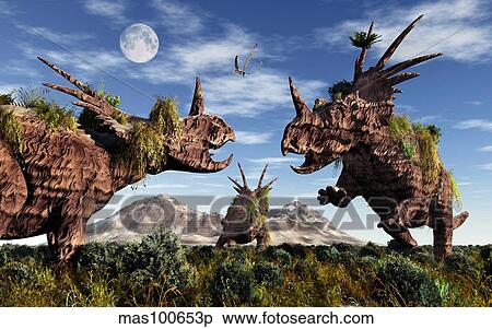 Styracosaurus dinosaur sculptures. View Large Illustration Stock Illustration - Styracosaurus dinosaur sculptures.. Fotosearch