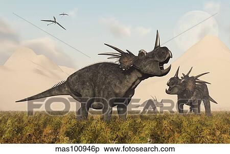 Styracosaurus dinosaurs calling out to each other. View Large Illustration Stock Illustration - Styracosaurus dinosaurs calling out to each other.. Fotosearch