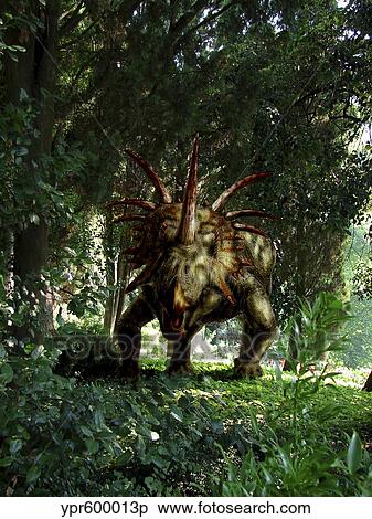 Styracosaurus in a forest. View Large Illustration Stock Illustration - Styracosaurus in a forest.. Fotosearch