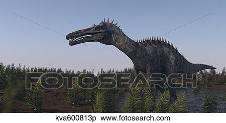 Stock Illustration - Suchomimus dinosaur in a prehistoric environment.. Fotosearch