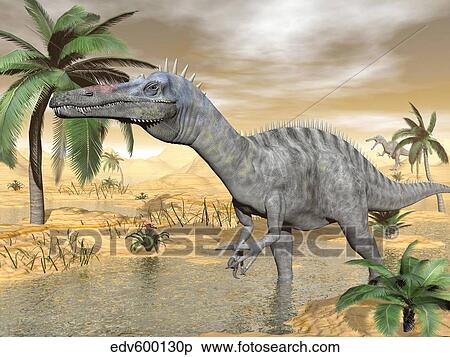 Stock Illustration - Suchomimus dinosaur walking in the water in desert landscape.. Fotosearch