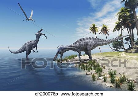 Suchomimus dinosaurs feed on fish on the shoreline. View Large Illustration Stock Illustration - Suchomimus dinosaurs feed on fish on the shoreline.. Fotosearch