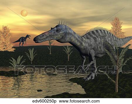 Suchomimus dinosaurs walking next to pond at sunset. View Large Illustration Stock Illustration - Suchomimus dinosaurs walking next to pond at sunset.. Fotosearch
