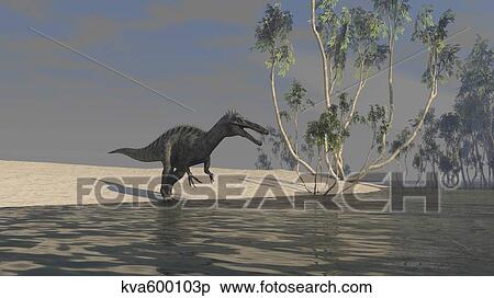 Stock Illustration - Suchomimus hunting for food at the edge of a lake.. Fotosearch