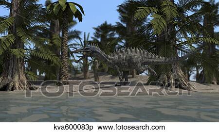 Stock Illustration - Suchomimus running along the shoreline.. Fotosearch