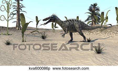 Suchomimus walking through an open desert. View Large Illustration Stock Illustration - Suchomimus walking through an open desert.. Fotosearch