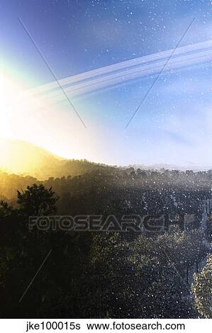 Summer turns to Winter on a ringed alien planet. View Large Illustration Stock Illustration - Summer turns to Winter on a ringed alien planet.. Fotosearch