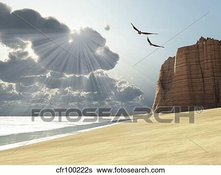 Stock Illustration - Sunlight shines down on two birds flying near a cliff by the ocean.. Fotosearch
