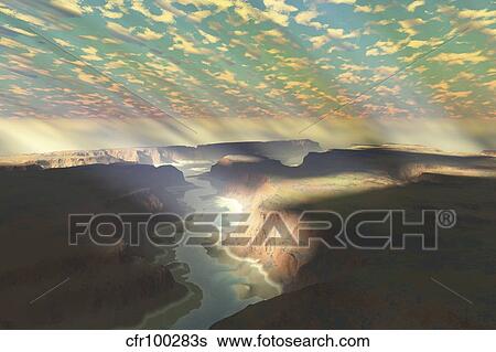 Stock Illustration - Sunrays shine down on mist over a canyon river in a desert wilderness.. Fotosearch
