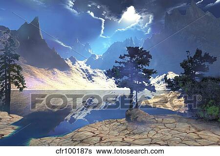 Sunrays shine down on this beautiful valley. View Large Illustration Stock Illustration - Sunrays shine down on this beautiful valley.. Fotosearch