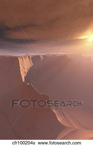 Stock Illustration - Sunrays shine down on this canyon landscape.. Fotosearch