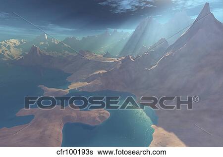 Sunrays shine down on this image of the coastline. View Large Illustration Stock Illustration - Sunrays shine down on this image of the coastline.. Fotosearch