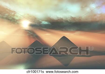 Sunrays shine down on three pyramids along the Nile River on the Giza Plateau. View Large Illustration Stock Illustration - Sunrays shine down on three pyramids along the Nile River on the Giza Plateau.. Fotosearch