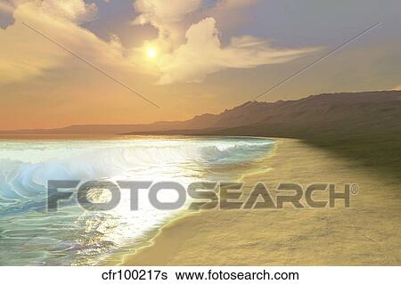Stock Illustration - Sunset on a quiet peaceful beach with gorgeous water.. Fotosearch