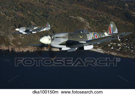 Supermarine Spitfire Mk. XVIII and Mk. XVI fighter warbirds. View Large Photo Image Picture - Supermarine Spitfire Mk. XVIII and Mk. XVI fighter warbirds.. Fotosearch