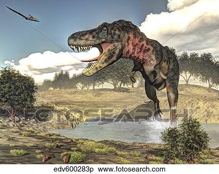 Stock Illustration - Tarbosaurus running through a steam amongst Tamarix plants.. Fotosearch