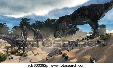Tarbosaurus surprising a herd of Saurolophus dinosaurs. View Large Illustration Stock Illustration - Tarbosaurus surprising a herd of Saurolophus dinosaurs.. Fotosearch