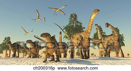 Stock Illustration - Tenontosaurus and Argentinosaurus dinosaurs migrating in search of water.. Fotosearch