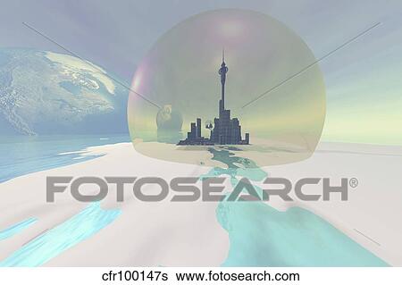Stock Illustration - Terraforming the moon with a new city under the protection of a dome.. Fotosearch