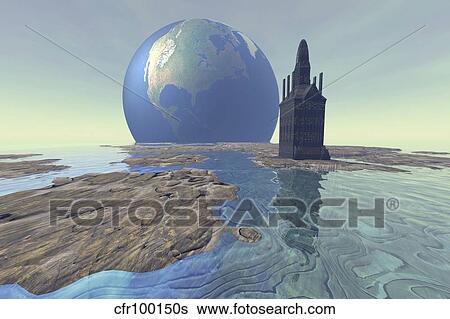 Terraforming the moon with water and buildings. View Large Illustration Stock Illustration - Terraforming the moon with water and buildings.. Fotosearch