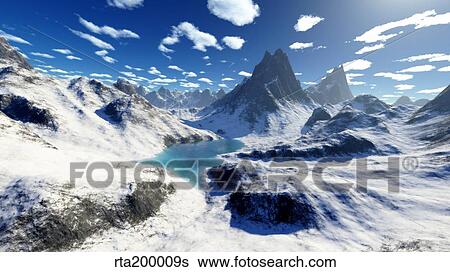 Stock Illustration - Terragen render of an imaginary mountain lake.. Fotosearch