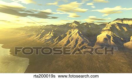 Stock Illustration - Terragen render of Mt. Whitney, California, at dawn or sunset.. Fotosearch