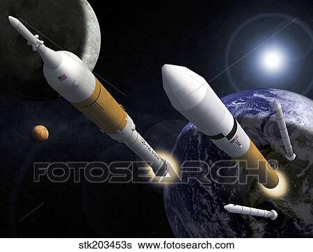 The Ares I Crew Launch Vehicle and the Ares V Cargo Launch Vehicle. View Large Illustration Stock Illustration - The Ares I Crew Launch Vehicle and the Ares V Cargo Launch Vehicle.. Fotosearch