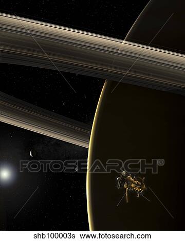 The Cassini spacecraft in orbit around the planet Saturn during sunrise. View Large Illustration Stock Illustration - The Cassini spacecraft in orbit around the planet Saturn during sunrise.. Fotosearch