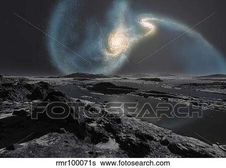 Stock Illustration - The collision of the Milky Way and Andromeda galaxies seen from the Earth.. Fotosearch